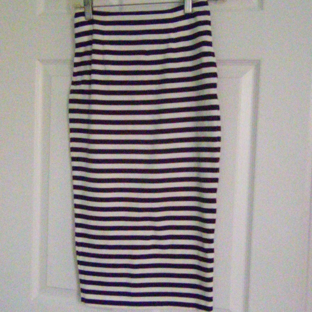 RE- IMAGINED BY J. CREW. BLUE AND WHITE STRIPPED A- LINE SKIRT.